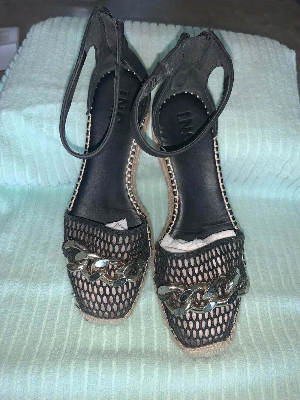 INC International Concepts Black Mesh Chain Espadrille Wedge Sandals